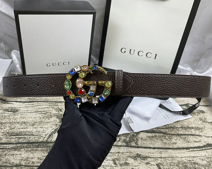 4 Colors   double G seven-color rhinestone double-sided lychee pattern belt